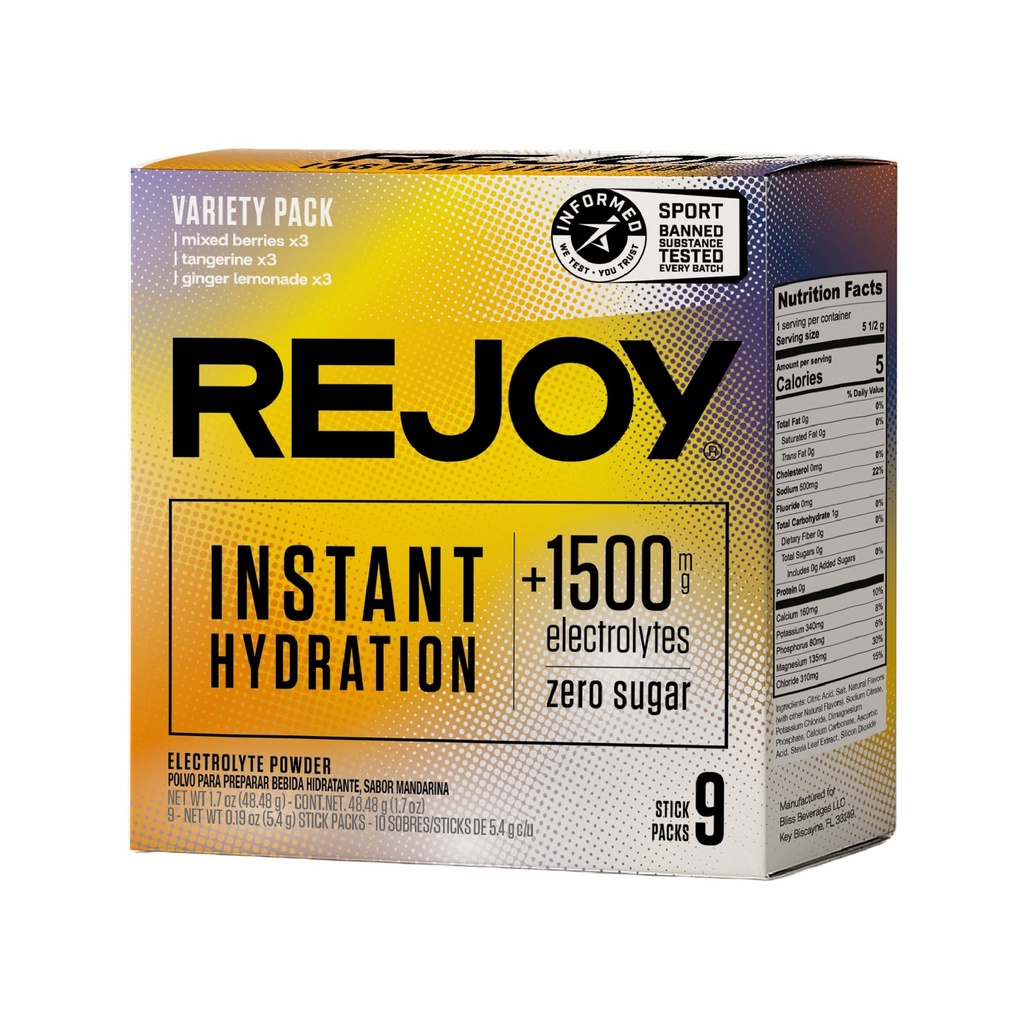 Rejoy – Paquets de poudre d'électrolyte, 9 bâtons – Supplément de mélange de boisson d'hydratation – Sans sucre, Keto et Paleo, Vegan, Non-OGM, Easy Open Stick Single-Serving (Variety Pack)