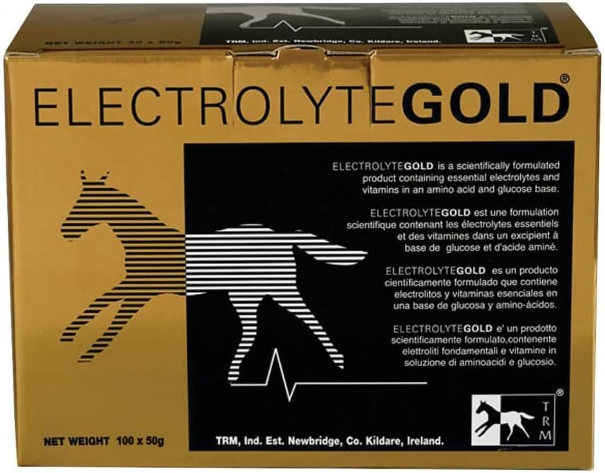 TRM Electrolyte Gold Performance Horse Feed Supplement for Electrolyte Repleinment (en anglais seulement) Combats Fatigue (en anglais seulement) Contient des vitamines C et E - 100 Quantité x 1,76 oz (100 Quantité x 50g) - 100 Quantité x 1,76 oz