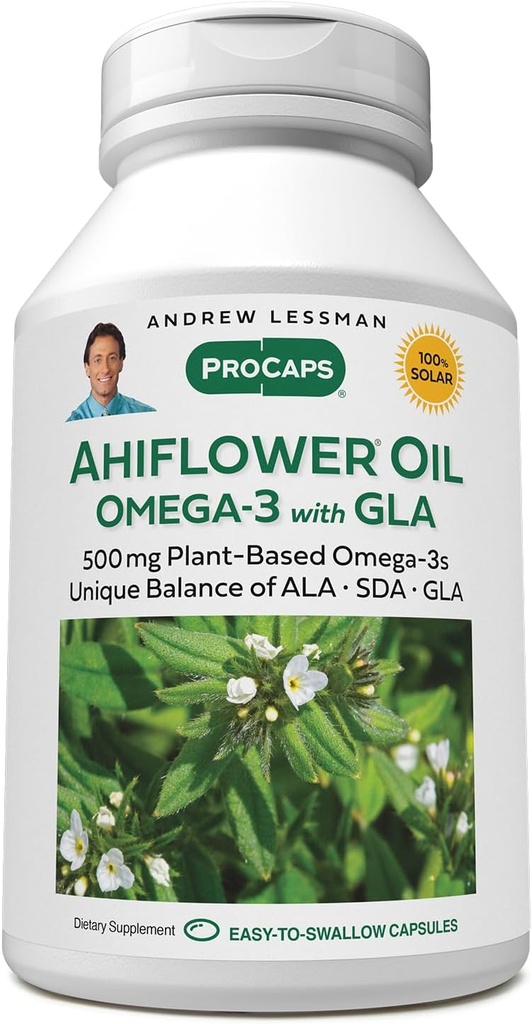 ANDREW LESSMAN Ahiflower Omega-3 avec GLA - 60 Softgels - Source d'acides gras oméga-3 essentiels, équilibrés et à base végétale. Pas de soulèvement, de contaminants ou de mercure. Facile à avaler