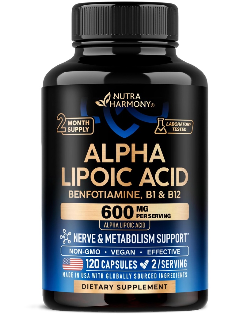 Alpha Acide lipoïque 600mg - Supplément ALA Antioxydant pour le Nerve, l'énergie et le métabolisme Support - Extra Force avec Benfotiamine, B1 & B12 - Laboratoire testé, non-OGM et végétalien - 120 capsules, 2 mois d'approvisionnement