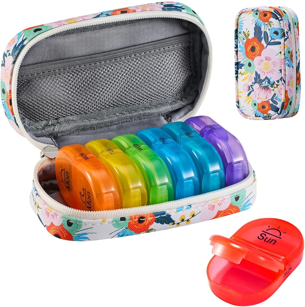 Serfeymi Weekly Travel Pill Organizer 2 mal ein Tag AM Upgrade Regenbogen Pille Box 7 Tag mit tragbaren Reißverschluss PU Leder Pille Fall, Medizin Organizer für Pillen, Vitamine, Fischöle - Floral 03