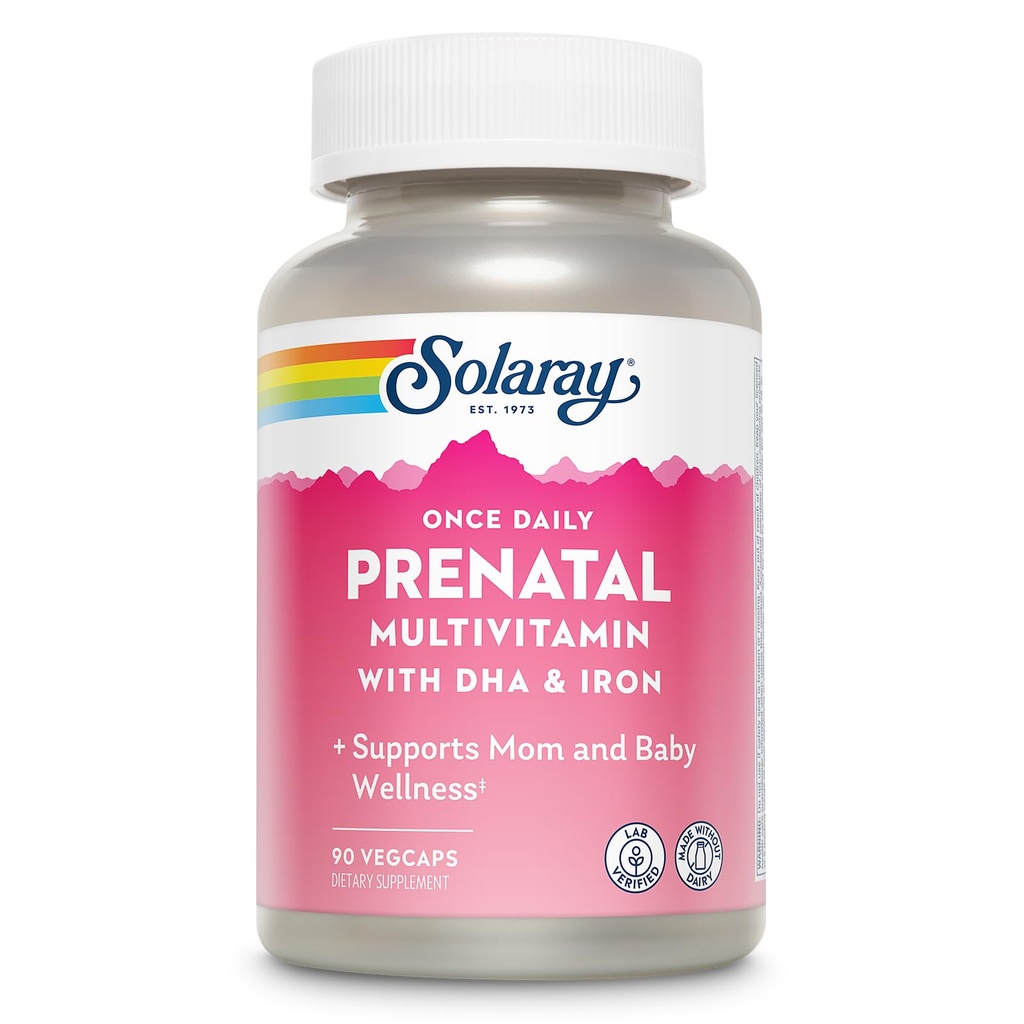 SOLARAY Une fois par jour Multivitamine prénatale avec DHA et fer, vitamines et minéraux prénatals pour les mères enceintes, mélange d'herbes et base alimentaire complète facile du matin, laboratoire vérifié, 90 portions, 90 VegCaps
