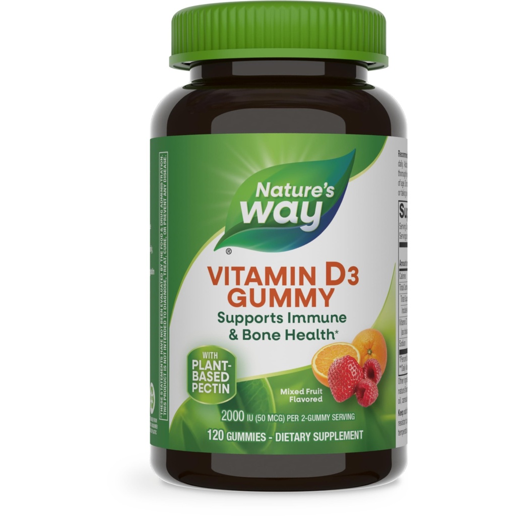 Voie de la nature Vitamine D3 Gummies, soutient la santé immunitaire et osseuse*, 2000 UI (50 μg) par portion de 2 gummy, Vitamine D3 2000UI par 2 Gummies, Fruits mélangés aromatisés, 120 Nombre