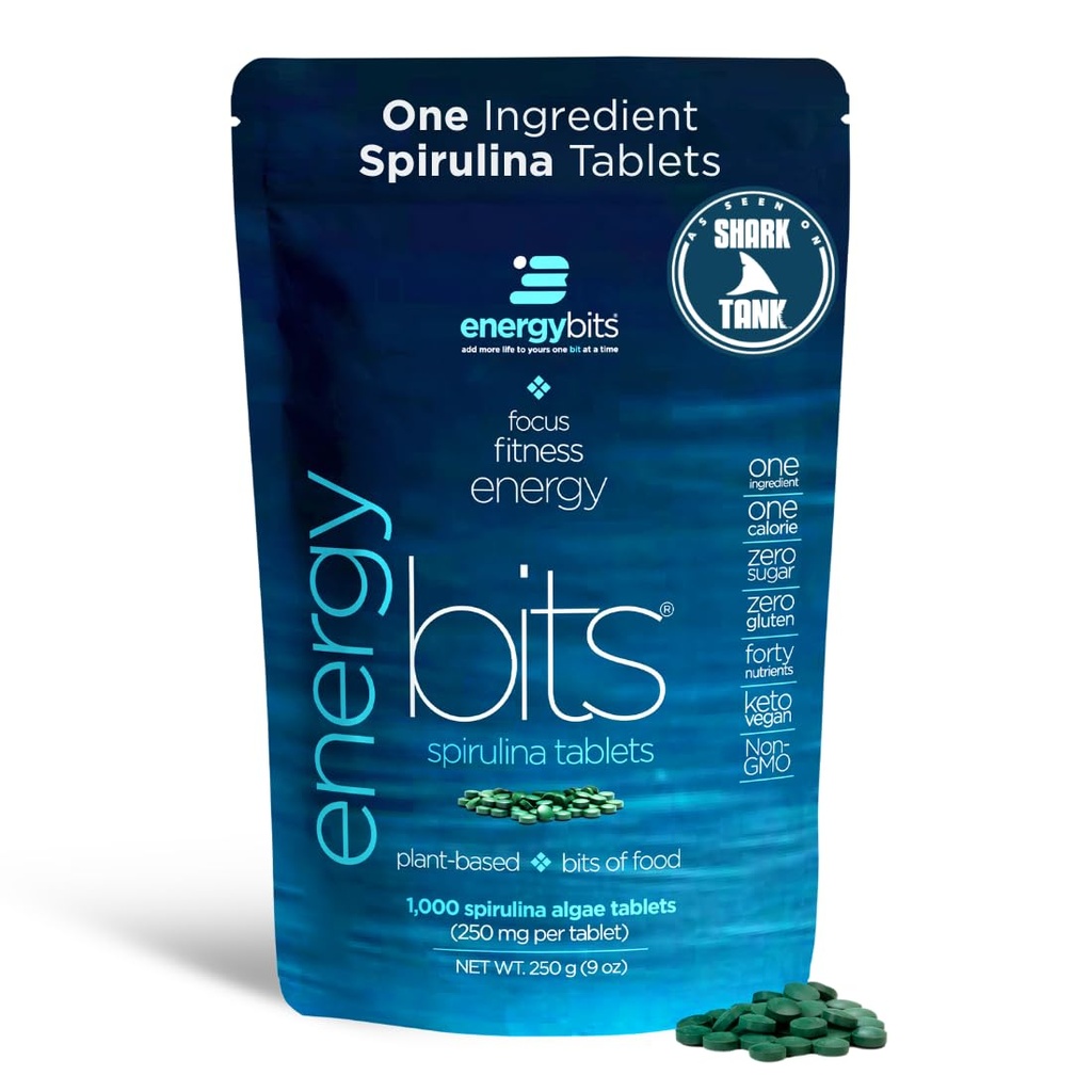 ENERGYBITS - Comprimés de Spiruline Biologique - Superfood d'algues végétales - pour focus, fitness, énergie - Protéines végétales - Sans gluten - Collagène, Vitamine B12, Omega 3 - Keto & Vegan - 1000 comprimés d'algues