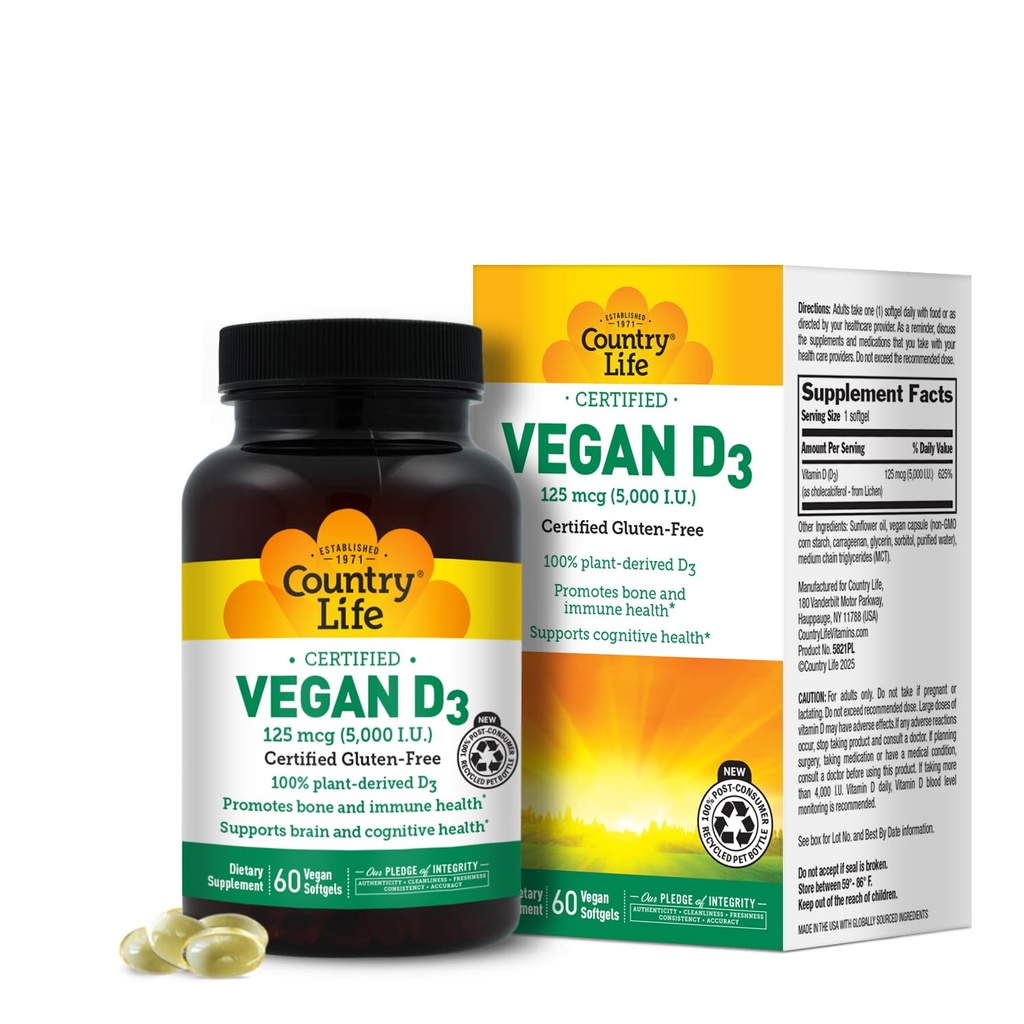 Country Life Vegan D3 5000 IU – Plant-Derived Vitamin D3 von Lichen – High Potency Immune & Bone Support – Certified Vegan, Glutenfrei, Non-GMO – 60 Softgels
