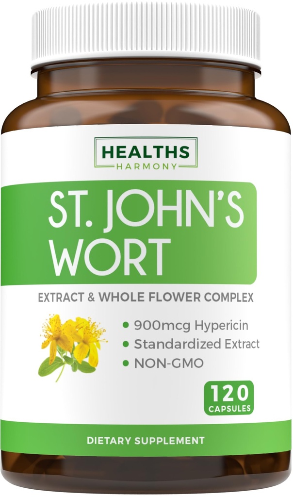 St John's Wort Capsules - Powerful & Potent Saint John's Wort Extract & Whole Herb Complex Standardized to 900mcg Hypericin for Balancing Daily Mood Support - Vegan Non-GMO & Lab Verified (120 Caps)