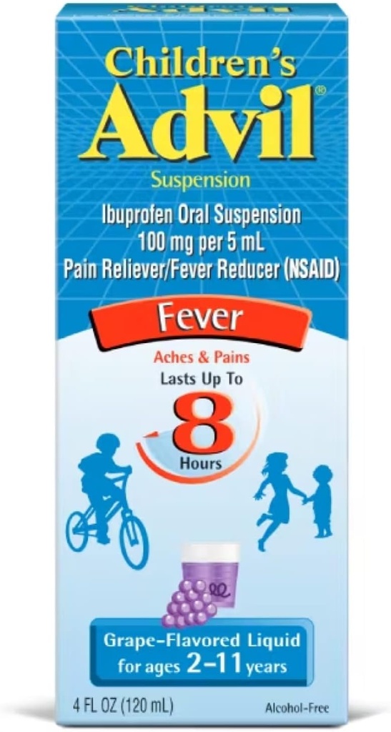 Kinder Advil Suspension Ibuprofen 100mg Fast Pain Reliever und Fever Reducer Last bis 8 Stunden Grape Flavor Liquid für Alter 2 bis 11 Jahre - 3 Packung 4 FL Oz Flaschen