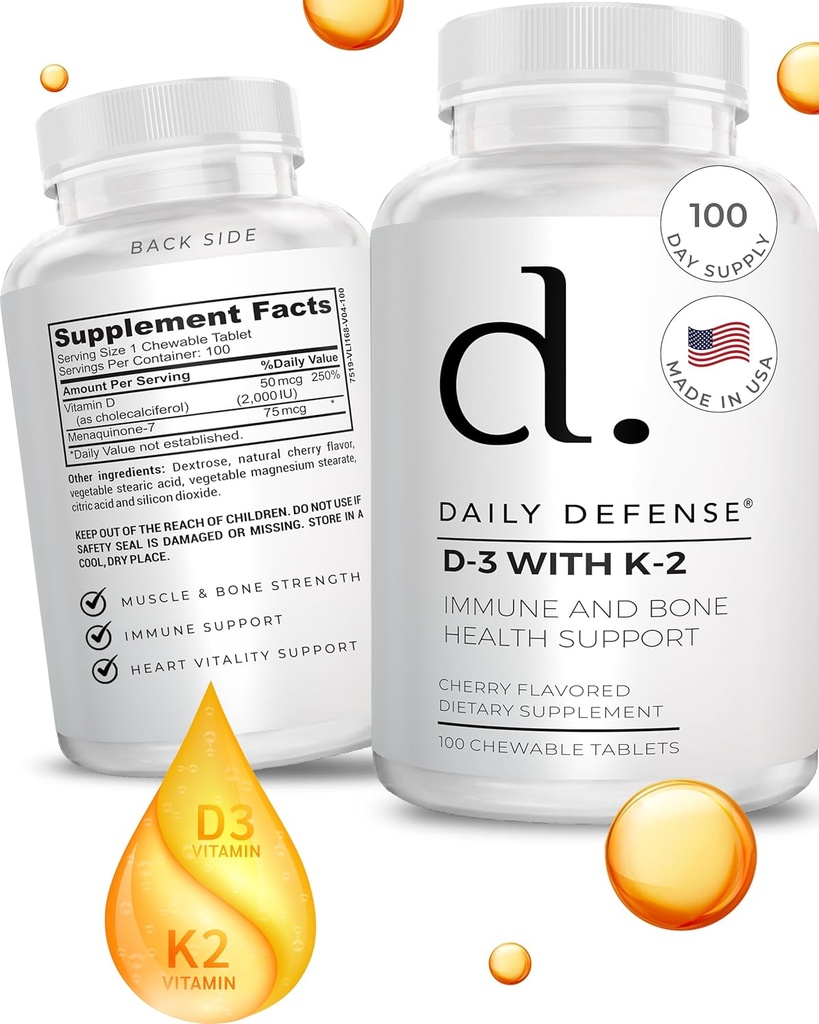 Suppléments de défense immunitaire Vitamine D3 K2 2000UI pour la santé cardiaque, le soutien immunitaire quotidien, la clarté mentale et la fonction musculaire - 100 comprimés à croquer