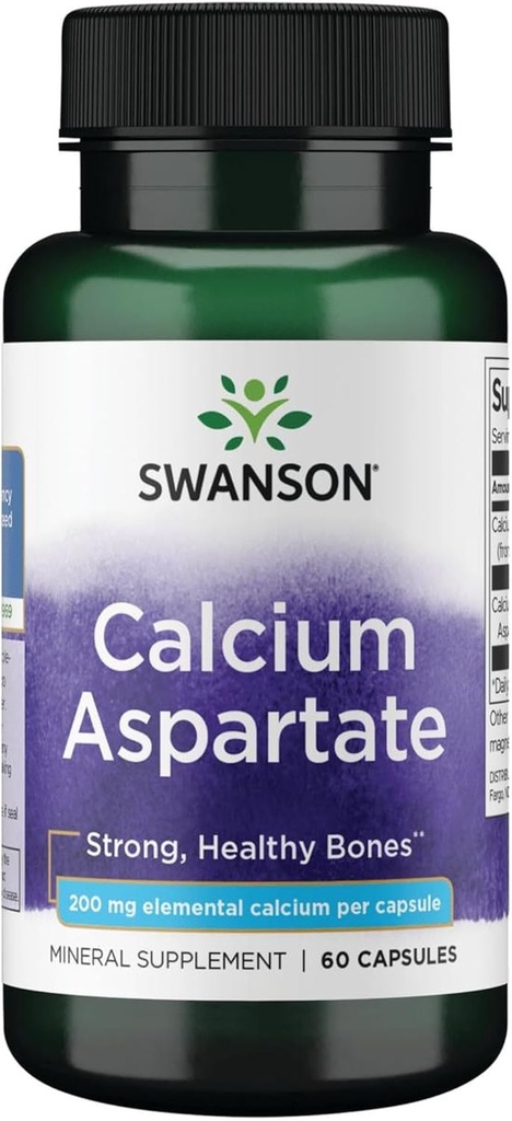 Swanson Aspartate de calcium - Supplément à base de plantes favorisant la santé osseuse, cardiaque et musculaire - Formule naturelle favorisant le mieux-être corporel total - (60 capsules-200mg chacune)