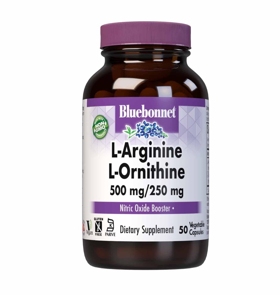 Bluebonnet Nutrition L-Arginine 500mg/L-Orinithine 250mg, soutient le métabolisme des protéines*, sans soja, sans gluten, sans OGM, certifié Kosher, végétalien, 50 capsules végétales, 50 portions