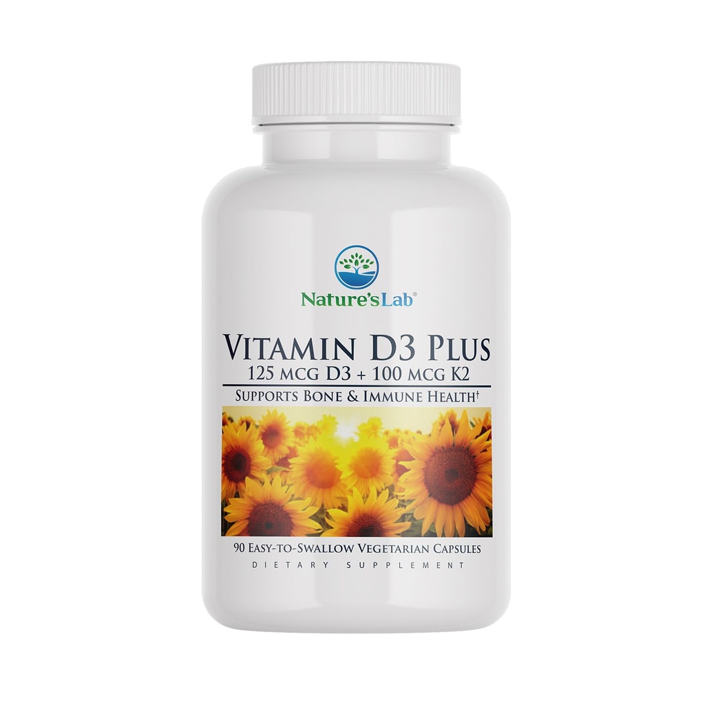 Nature's Lab Vitamin D3 Plus - Contains Vitamins D3 and K2 (MK7) for Immune Support, Healthy Bones and Cardiovascular Health* - Gluten Free, Non GMO - 90 Capsules (3 Month Supply)