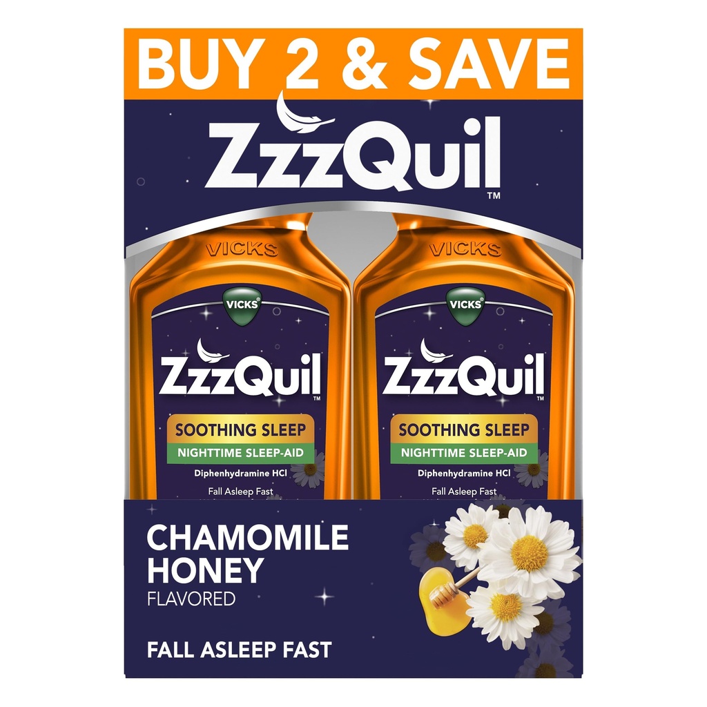 ZzzQuil Aide au sommeil liquide, Sommeil apaisant, Diphenhydramine 50mg HCl, Camomille Miel Aromatisé, Aide au sommeil de nuit liquide, Aide au sommeil pour les adultes, 2 Pack, 24 FL OZ