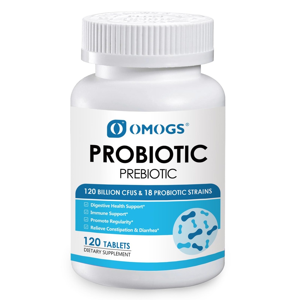 OMOGS Probiotics 90 Billion CFUs 18 Strains, mit 3 Bio-Präbiotika & Vitamin C, Nahrungsergänzungsmittel für Frauen,Men & Kinder,Unterstützung Stoffwechsel, Immunität und Verdauungsgesundheit,Non-GMO, 90 Tabletten