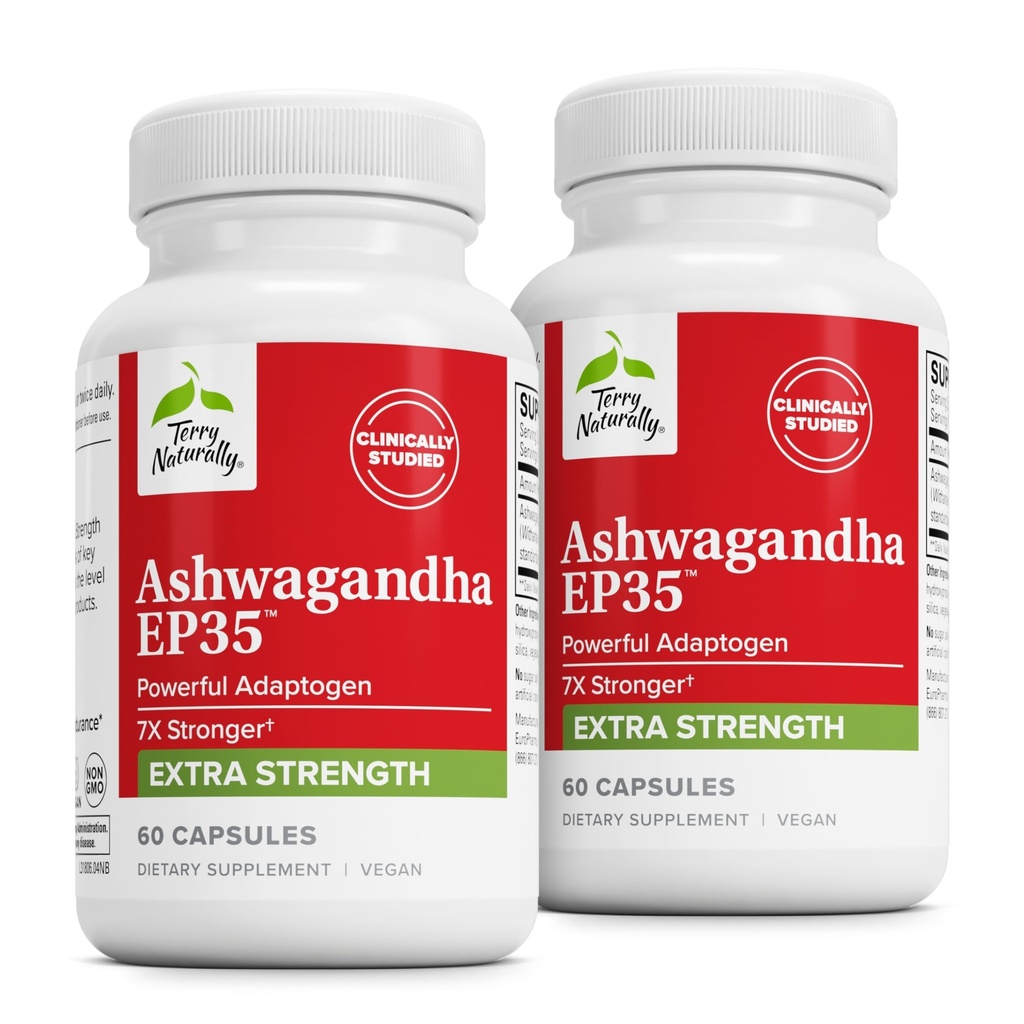 Terry Naturally Ashwagandha EP35 Extra Strength - Kräuterergänzung für Schlafunterstützung - Aid Healthy Stress Response - Endurance & Energy Support - 60 Kapseln (60 Servietten)