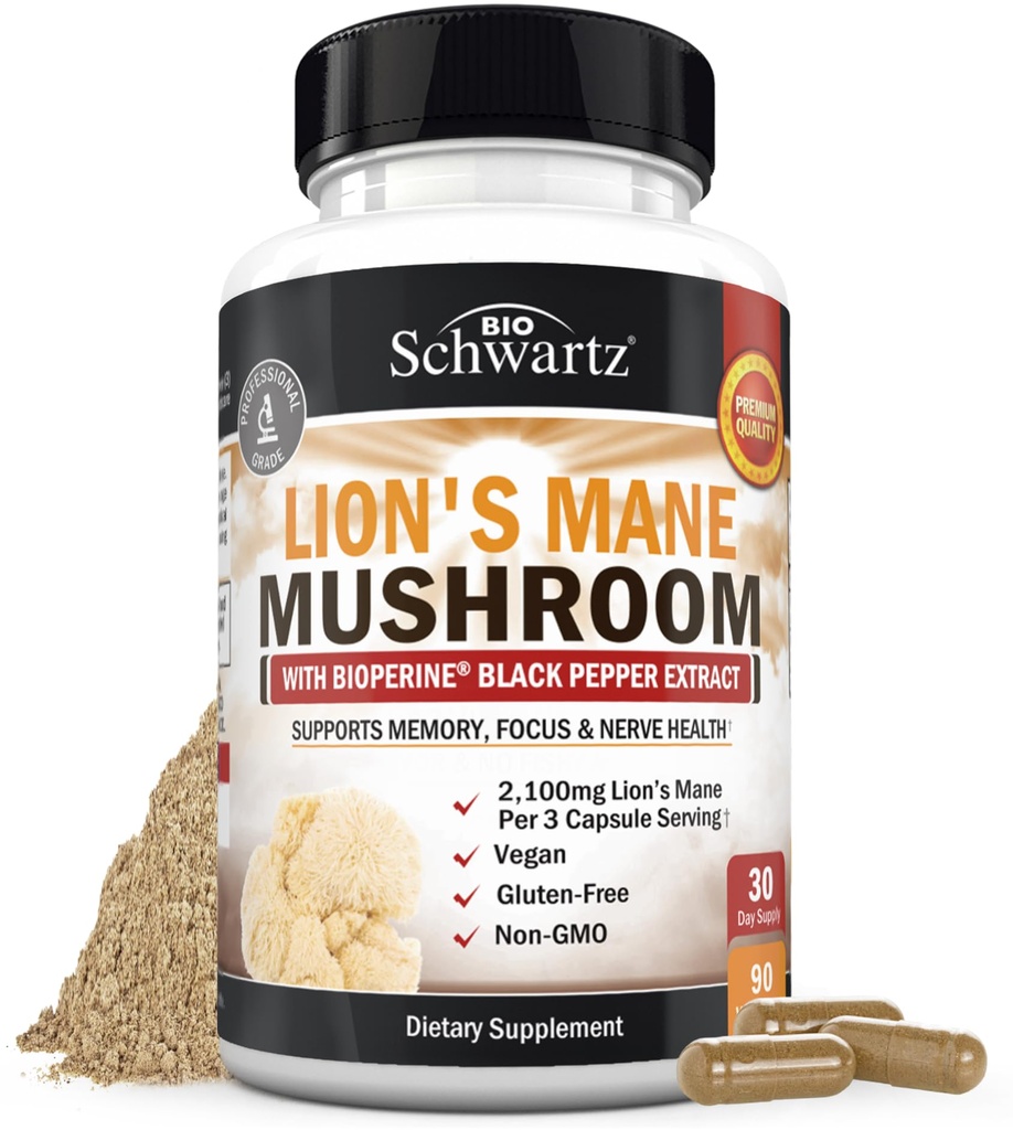 BioSchwartz Organic Lions Mane Supplement Capsules (90 Count) 2100mg Lions Mane Mushrooms with BioPerine for Max Absorption, Active Compound Verified, Nootropic Brain Supplements for Memory and Focus