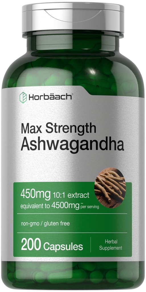 Horbäach Ashwagandha Ergänzung | Max Strength | 200 Kapseln | für Frauen und Männer | Non-GMO, Gluten kostenlos
