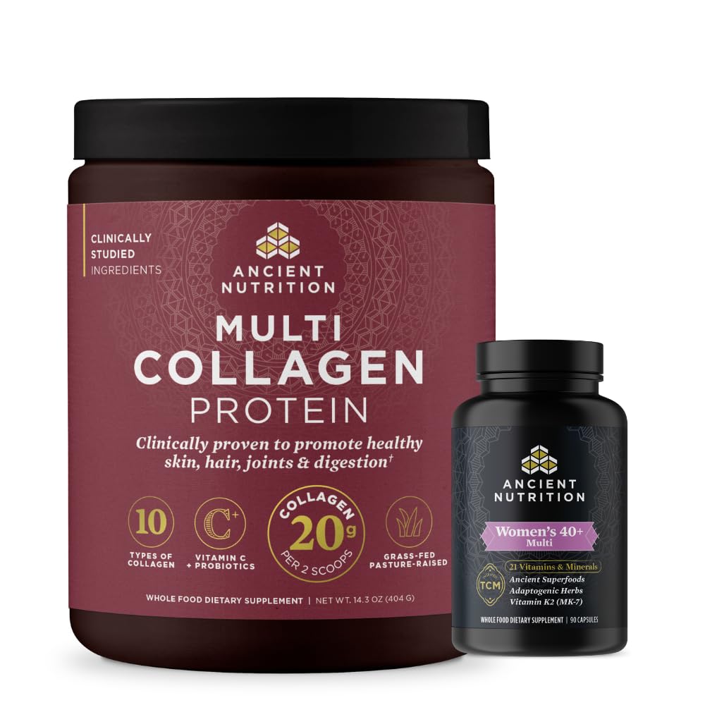Nutrition ancienne Multivitamine des femmes 40+ Une fois par jour, 30 Compte + Poudre de protéines multicollagènes, Sans saveur, 40 portions
