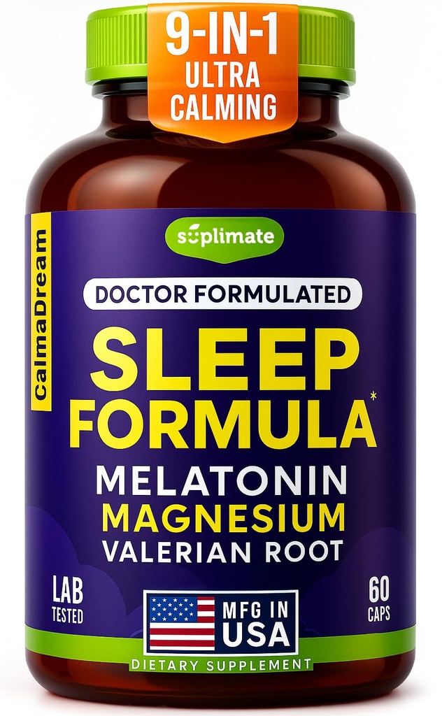 9-in-1 Melatonin Schlafhilfe für Erwachsene - USA Made, Lab Getestet mit Melatonin 5mg und 108mg Magnesium für Schlaf - TRAACS, Ashwagandha, Valerian Root, GABA, 5HTP, Kräuter Schlafergänzung, Vegan, 60 Caps