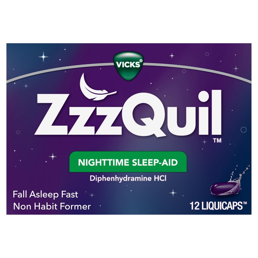 ZzzQuil, Nighttime Sleep Aid LiquiCaps, 25 mg Diphenhydramine HCl, No.1 Sleep-Aid Marke, Non-Habit Forming, Fall Asleep Fast, 12 Count