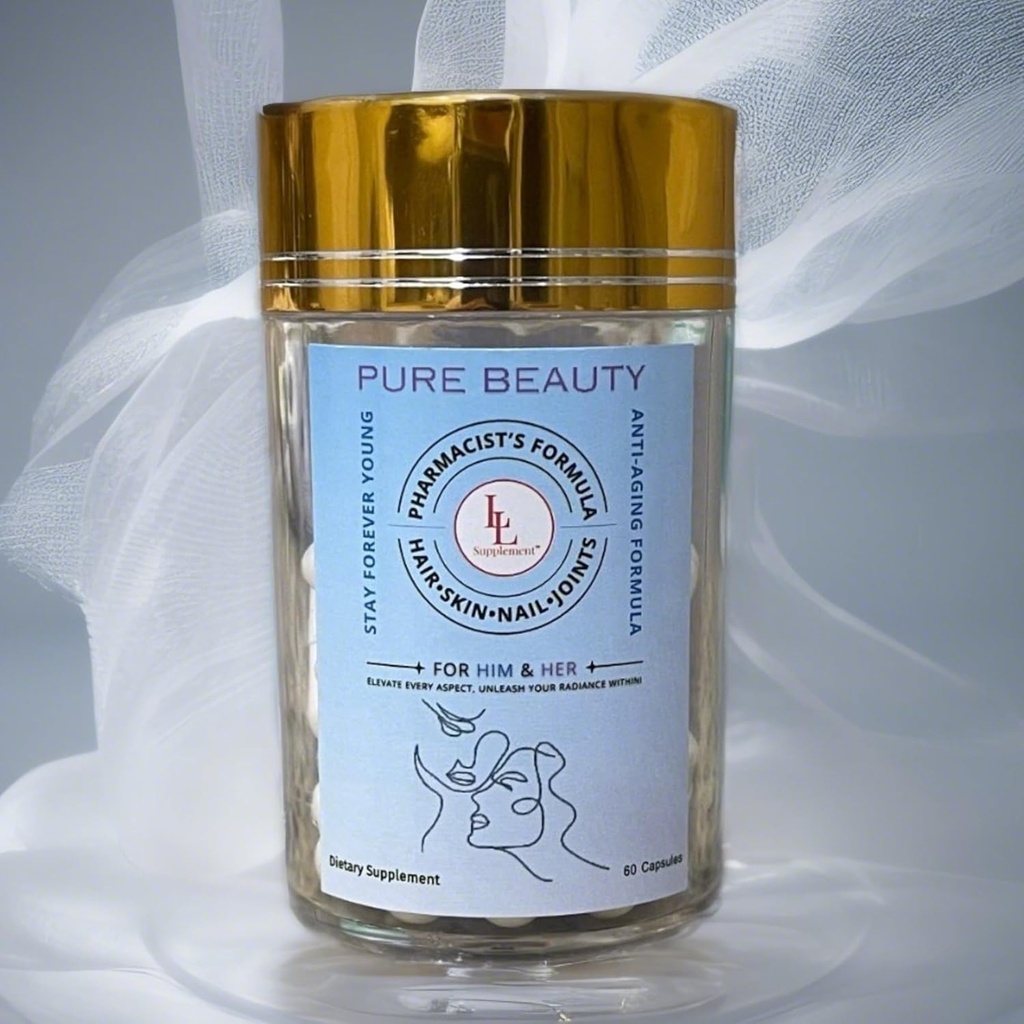 Pure Beauty by LL Supplement – Mélange anti-âge avec collagène, acide hyaluronique et resvératrol pour peau radiante, hydratée – 60 capsules