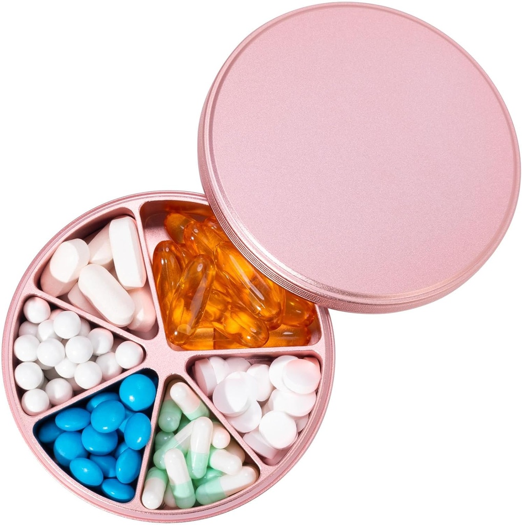 Pill Organizer 6 Komponenten Pill Dispenser - Heavy Duty Metal Daily Pill Container, Tägliche Pille Box Pillenhalter, Wasserdichte Medikamentenhülle für Vitamin Supplement Medizin Fischöle, 0.38lb, Pink