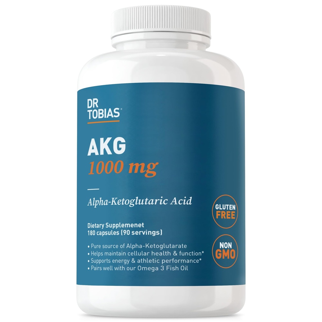 Dr. Tobias AKG Supplement 1000mg pro Servierung, Bioverfügbare Alpha Ketoglutaric Säure, Unterstützt Cellular Energy & Nitric Oxide Flow, Vegan, Glutenfrei, Non-GMO, 180 Kapseln, 90 Servierungen