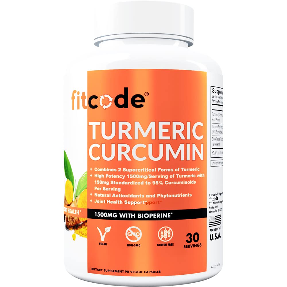 fitcode Turmeric Curcumin mit 95% Curcuminoids, Höchste Potenz, Non-GMO, Glutenfrei, 1500mg Ultra-Pure Turmeric Curcumin mit BioPerine für verbesserte Absorption, 30 Servieren Veggie Kapseln