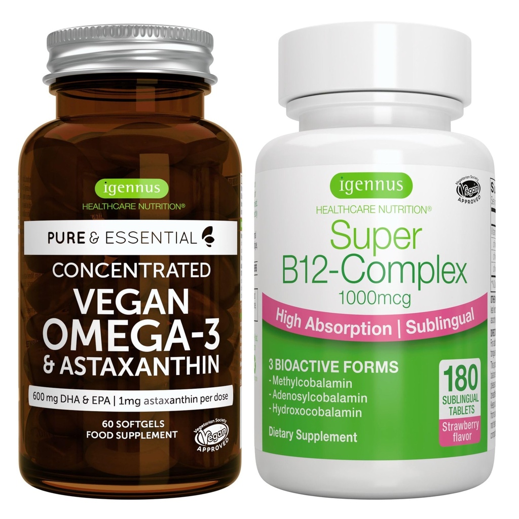 Vegan Omega-3 + Super B12-Komplex 1000mcg Vegan Bundle, Nachhaltiges EPA & DHA Algenöl 1340mg + Hohe Absorption Sublingual Vitamin B12 Mit Methylcobalamin, Adenosylcobalamin & Hydroxocobalamin, von I