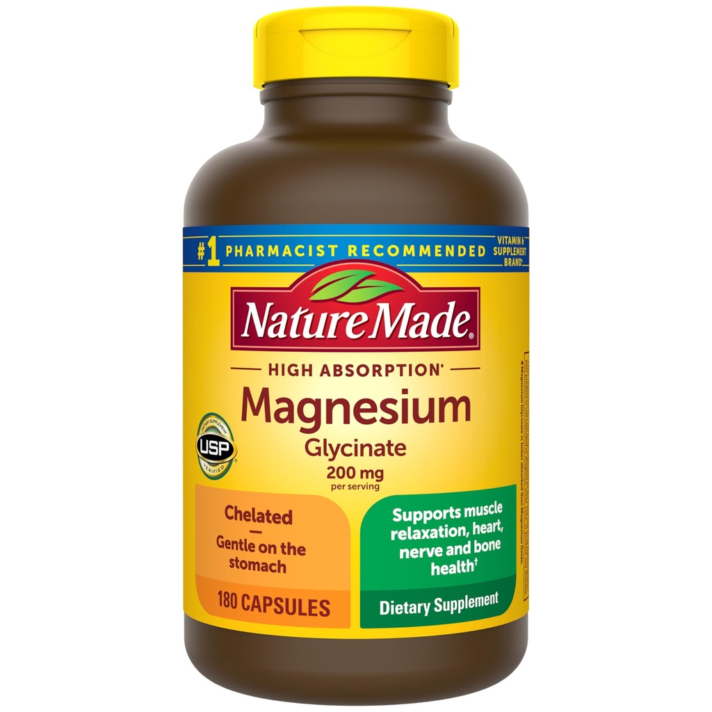 Nature faite Glycinate de magnésium 200 mg par portion, supplément de magnésium pour le soutien musculaire, cardiaque, nerveux et os, 180 capsules de bisglycinate de magnésium, 90 jours
