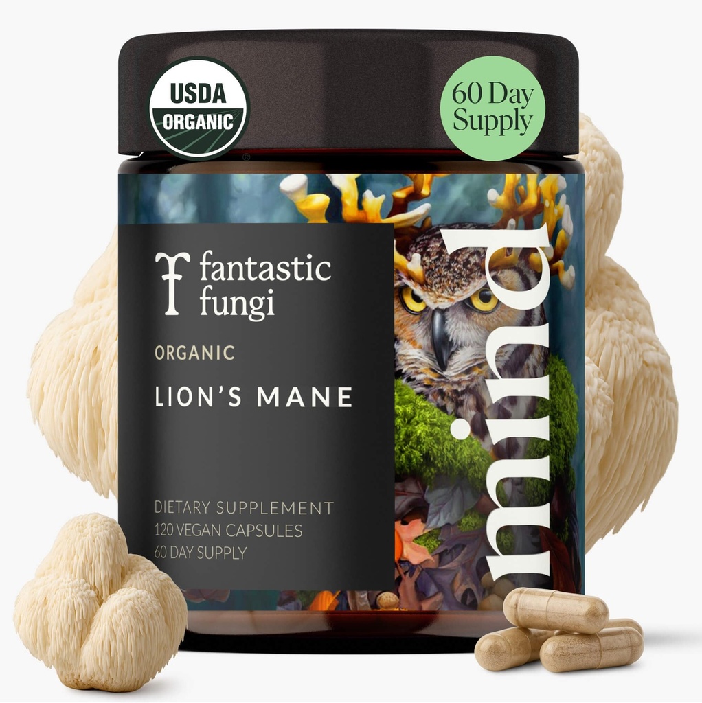 Lions Mane Supplément Capsules, Lion Mane Mushroom Supplément pour la mémoire, Focus & Mood support, Adaptogen Extrait de champignons fonctionnels - 100% USDA Organic, Vegan- Glass Jar, 120 capsules, 2 mois d'approvisionnement
