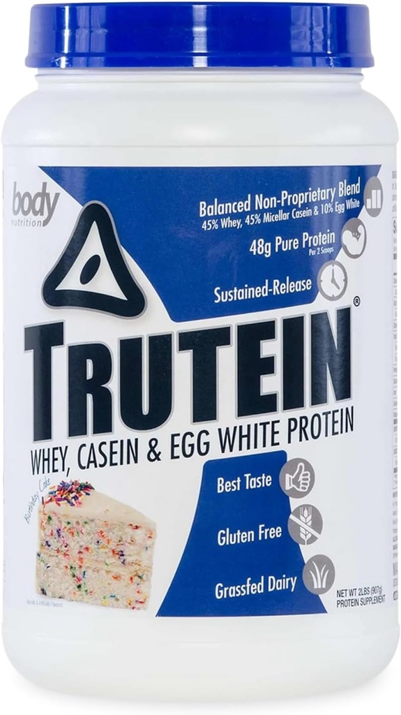 Alimentation du corps Trutein poudre à haute teneur en protéines: 45% Whey, 45% caséine, 10% oeuf blanc mélange de protéines Shake, sans gluten, faible teneur en sodium, faible teneur en protéines de glucides poudre pour les hommes et les femmes, gâteau d'anniversaire, 2lb