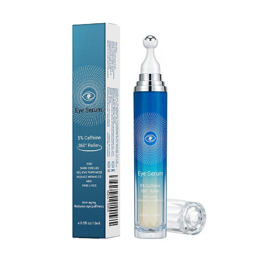 5 % Sérum pour les yeux de caféine, Crème anti-Aging sous les yeux pour les cercles foncés Rides de puffines et lignes fines, Crème pour les yeux coréens avec boule de massage à 360°, traitement pour les yeux pour les hommes et les femmes