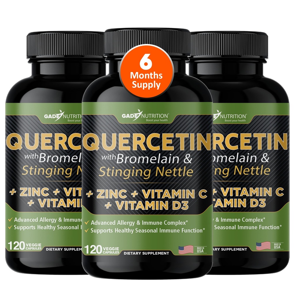 Gade Nutrition Quercetin mit Vitamin C, Zink & Sting Nettle - Nettle Quercetin - Quercetin 500mg - Quercetin mit Bromelain - Zink Quercetin + Vitamin D3-360 Veggie Caps - 6 Monate Versorgung