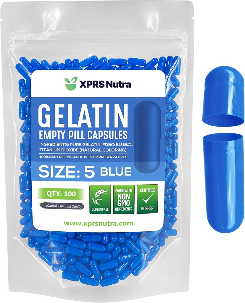 XPRS Nutra Size 5 Empty Capsules - 100 Count Very Small Empty Gelatin Capsules - Pills DIY Capsule Filling - Fillable Pill Gel Caps for Do-It-Yourself Vitamin Supplements (Blue)