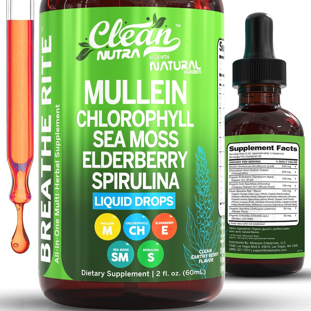 Nettoyer Nutra Mullein gouttes pour les poumons Chlorophylle organique liquide de la mer d'Irlande Moss, Spiruline, réglisse, Tart Cherry Lobelia, Motherwort & Elderberry Mullein Feuille Extrait Teinture Hommes Femmes Supplément