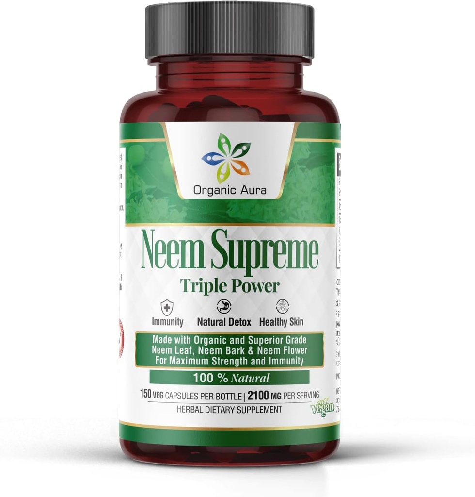 Capsules Suprêmes Aura Neem Organiques. 150 gélules. Complexe Triple - Max Strength Pure High-Potency Azadirachta Indica Capsule. Antioxydant naturel, santé de la peau, soutien immunitaire abondant.