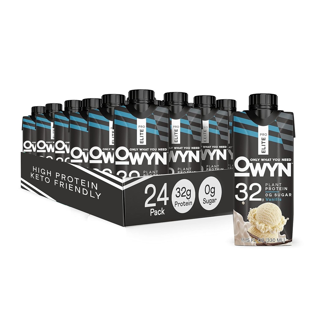 OWYN Pro Elite Vegan Pflanzenbasiertes High Protein Shake, Vanilla, 24-Pack, 32g Pflanzenprotein, Prebiotics, Superfood Greens for Workout and Recovery, 0g Net Carbs, Zero Sugar, Keto (24 Pack)