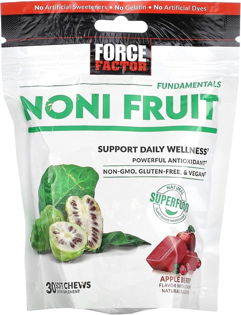 FORCE FACTOR Noni Fruit Chews für Immunität und Hautgesundheit Unterstützung, Noni Juice Supplement, Pflanzenbasierte Antioxidantien Superfood Chews, Gluten-Free, & Vegan, Apfel Berry Flavor, 30 Soft Chews
