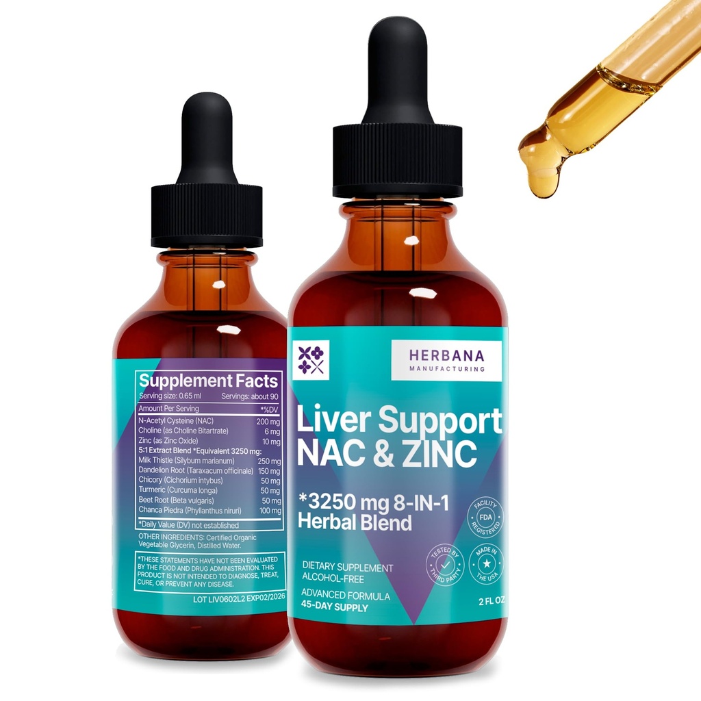 Liver Support & NAC, Zink - 2 fl oz Liquid Drops mit Milchdistel, Dandelion Root, Chicory, Turmeric, Beet Root, Chanca Piedra - Liver Cleanse & Detox Supplement