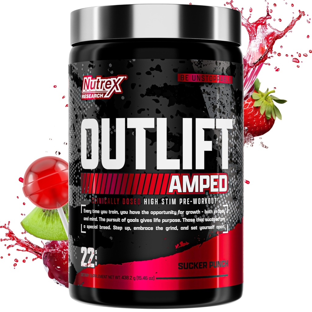 OUTLIFT amplidé Max dosed high STIM pré-entraînement poudre, 6G Citrulline, 3.2G Beta Alanine, Alpha GPC, CognatiQ, énergie extrême, pompes massives, résistance, électrolytes, nootropiques, punch de fruits, 22 portions