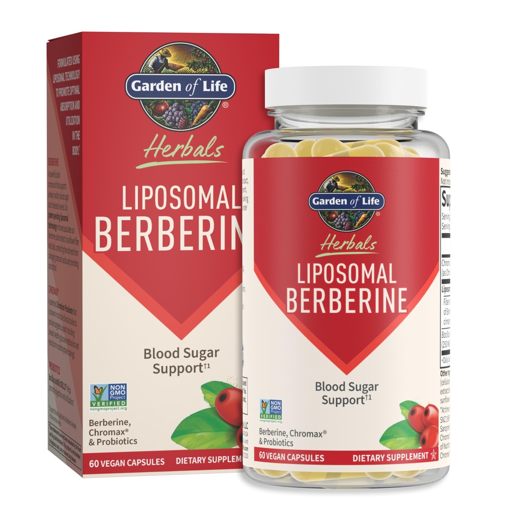 Jardin de la vie Berbérine liposomale et picolinate de chrome pour le sucre sanguin déjà sain, le métabolisme du glucose et le cholestérol—probiotiques pour la digestion facile—non OGM, sans gluten, casher, 30 portions