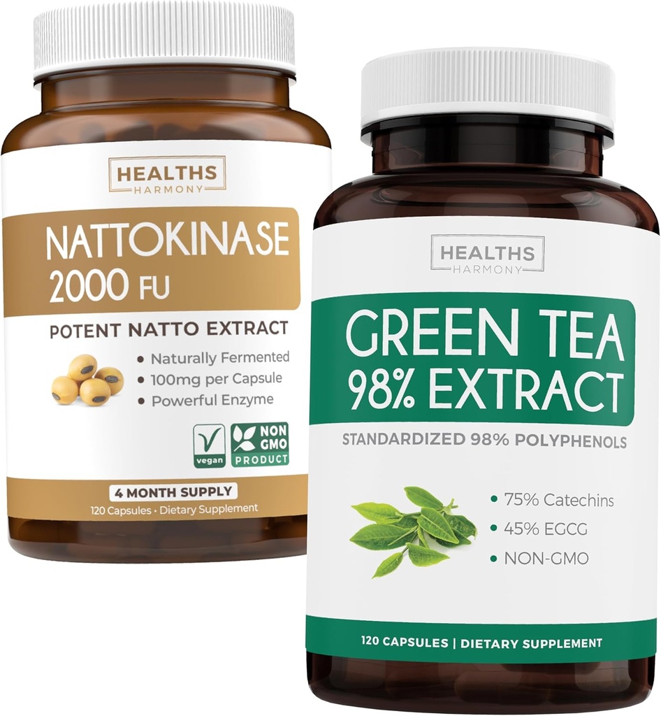 Nattokinase & Grüner Tee (2-Monats-Versorgung) Grüne Vitalität Boost - Nattokinase 2000 FU Leistungsstarke natürlich gefruchtete Sojabohnen -120 Caps & Grüner Tee Extrakt 98% mit EGCG (Non-GMO) Natürliche Stoffwechsel Boost