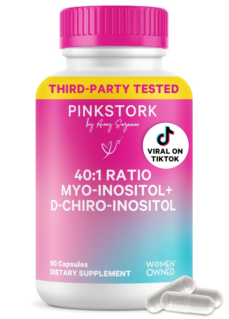 Supplément Inositol Rose Stork pour les femmes – 40:1 Myo-Inositol & D-Chiro Inositol – Hormone Balance, Fertilité et Soutien Ovarien – Régularité du cycle et bien-être métabolique, 30 portions
