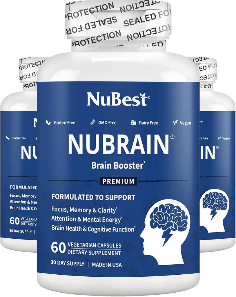 NuBrain - Advanced Brain Booster - Verbessern Sie Gedächtnis, Fokus und Klarheit mit Vitamin B6, Ginkgo Biloba, Bacopa Monnieri & Mehr - Brain Supplement für Männer & Frauen - 3 Pack | 3 Monate Versorgung
