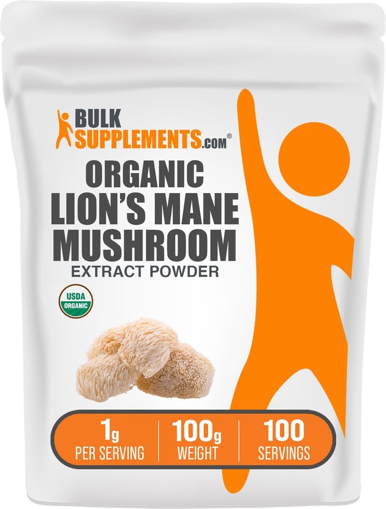 BulkSupplements.com Bio Lion's Mane Mushroom Extract Powder - Lions Mane Supplement Powder, Superfood für Wohlbefinden - Vegan, 1g pro Servierung, 100g (3,5 oz) (Pack von 1)