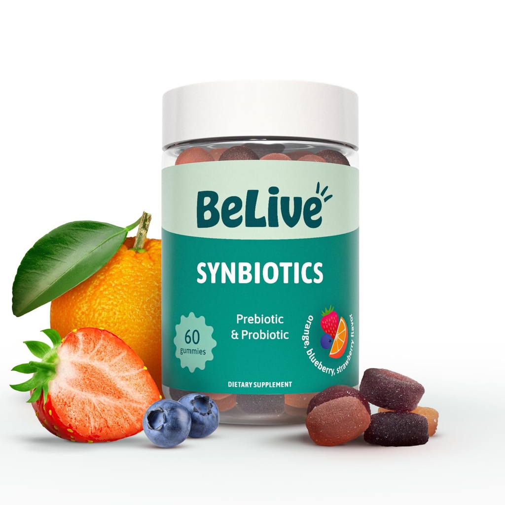 Synbiotiques BeLive - Gommies de fibres probiotiques et prébiotiques – Inuline haute résistance (3g), Supplément de fibres diététiques, Soutien digestif pour les enfants et les adultes - Fraise, Citron, Blueberry Flavor (60Ct)