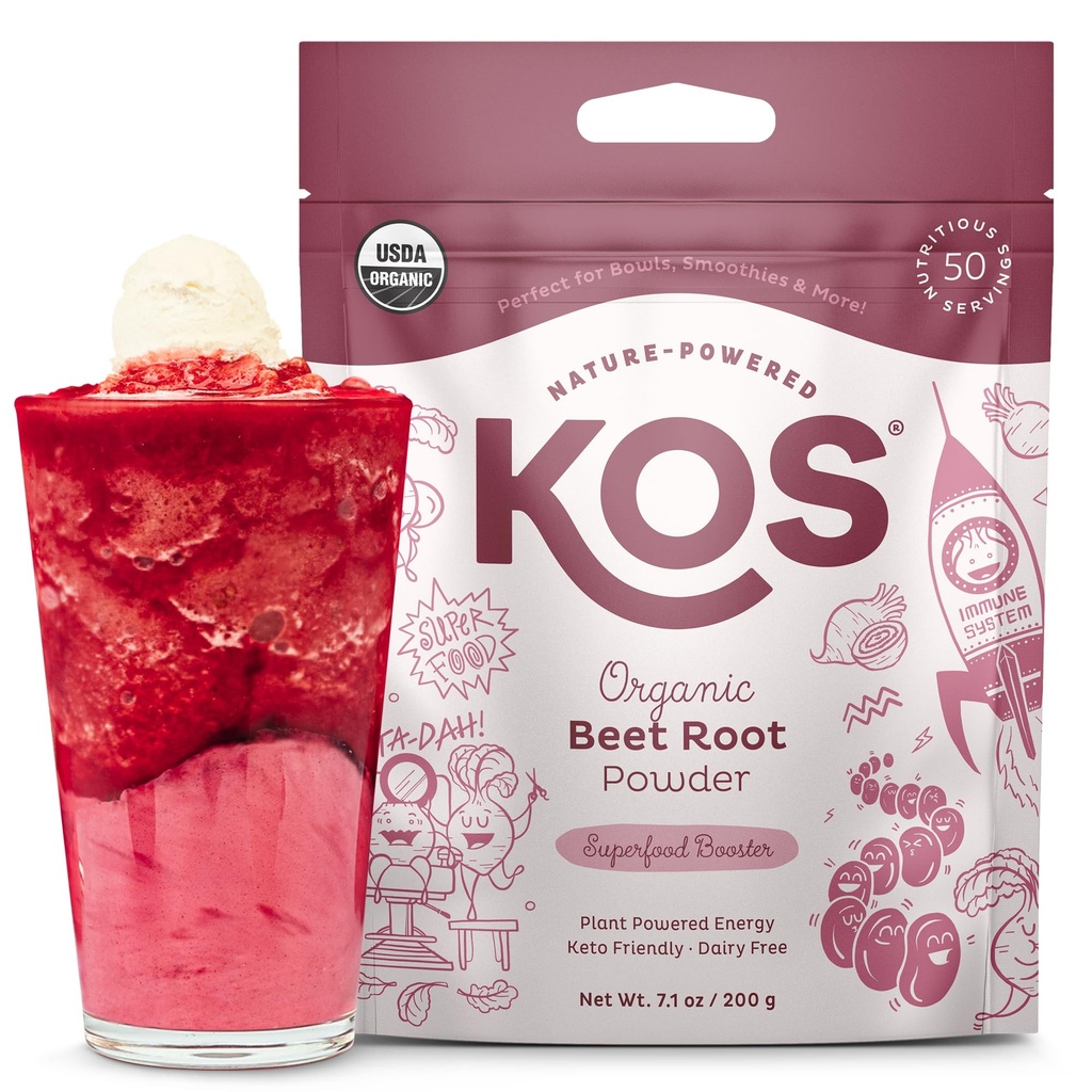 KOS Bio Beet Root Powder, USDA Certifié - Ingrédient de betterave à base de plantes superalimentaires pour l'augmentation de l'endurance, la circulation - Non-OGM, sans soja et sans gluten, 50 portions Sac