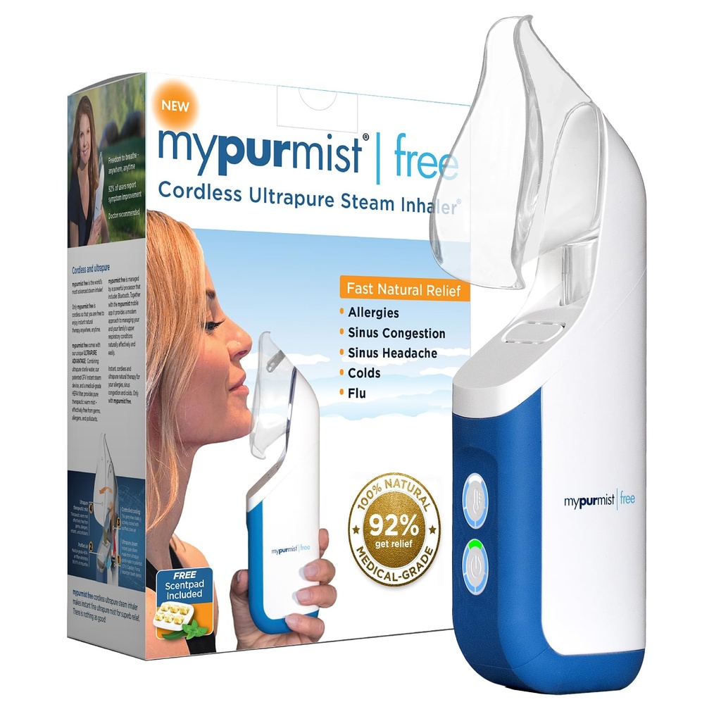 Mypurmist Free Ultrapure Cordless Steam Inhaler - Handheld Personal & Battery-Powered Steamer, Vaporizer & Humidifier für Sinus Relief, Nasal Congestion, Cold & Cough, Vocal Care