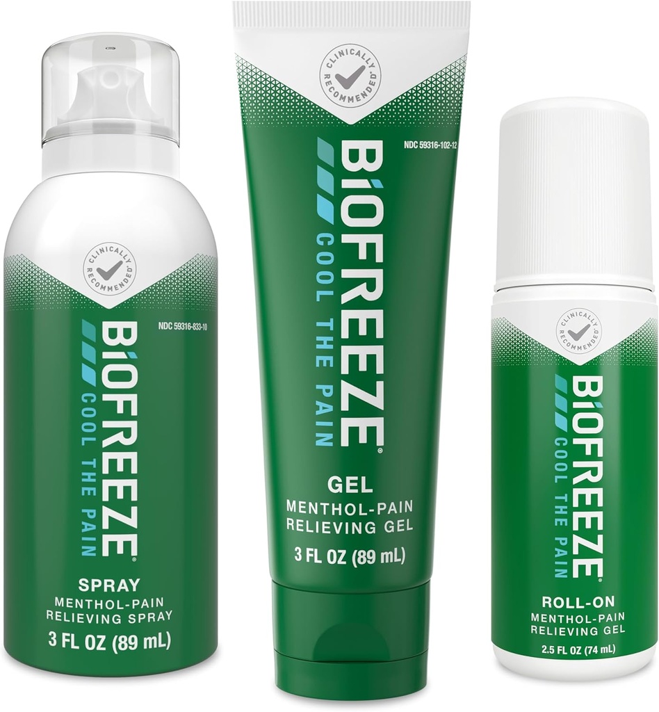 Biogele Pain Relief Roll-On 2.5 FL OZ, Gel 3 FL OZ, Et Spray 3 FL OZ Variety Pack Topic Pain Reliever pour les muscles et les articulations de l'arthrite, des maux de dos, des souches, des bleus, des sprains (Package May Vary)