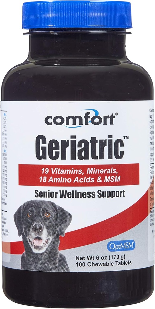 COMFORT supplément gériatrique pour chiens, 100 comtes, contient MSM, Superoxide Dismutase, Ester-C, 19 vitamines et minéraux et 18 acides aminés, fabriqués aux États-Unis